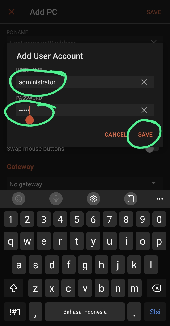 masukan user dan sandinya